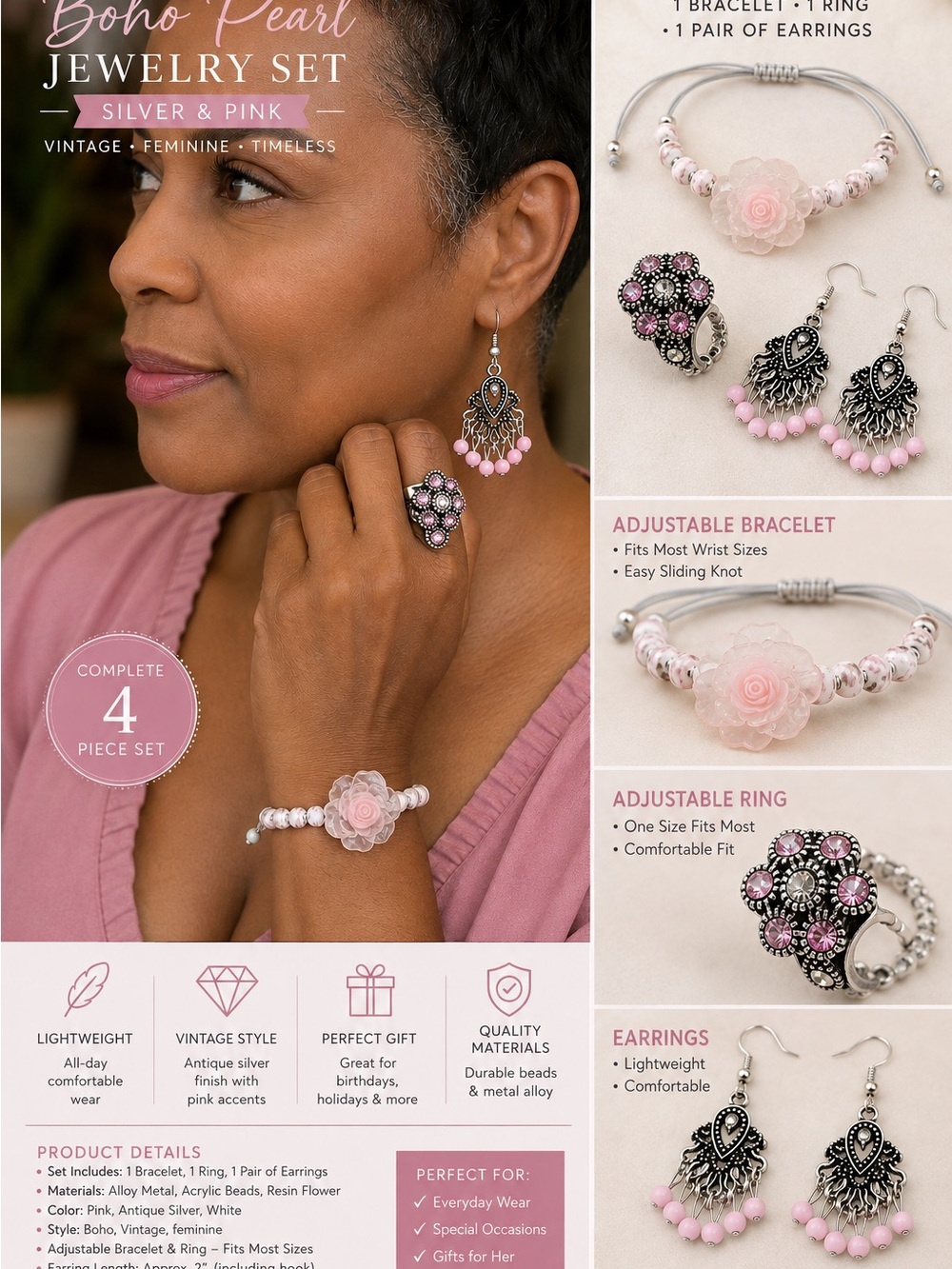 Boho Pearl 4-Piece Jewelry Set - Pink & Silvertoned